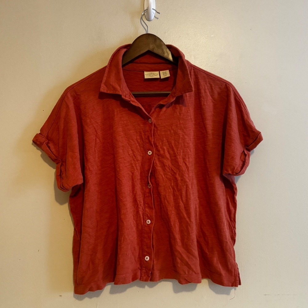 Women's L/XL Short Sleeve Button Down Burnt Orange 100% Cotton Fall Staples